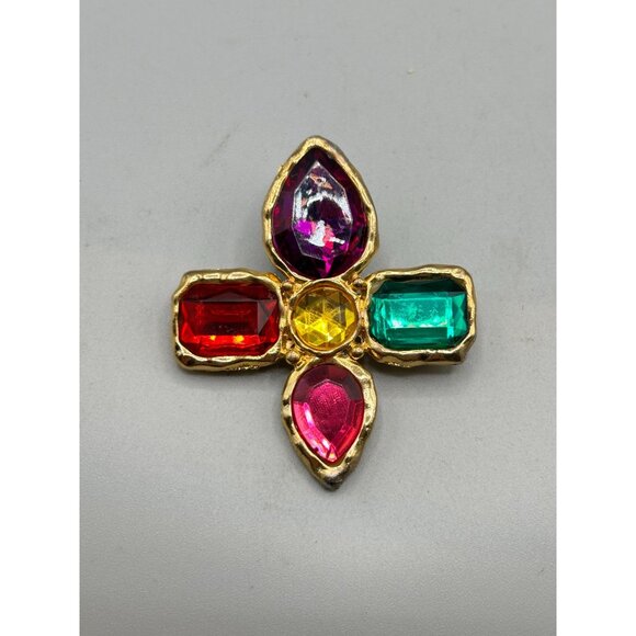 Vtg 80s 90s Colorful Pin Brooch Jeweled Red Green Purple Pink Gold Tone Metal - Picture 5 of 9